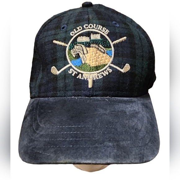 Vtg HTF Old Course St Andrews Gold Hat Green & Blue Plaid With Blue Suede Brim - Picture 2 of 9